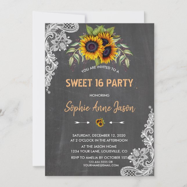 Watercolour Sunflowers Chalkboard Sweet Sixteen Invitation (Front)