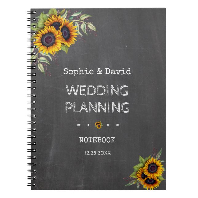 Watercolour Sunflowers Chalkboard Wedding Planner Notebook (Front)