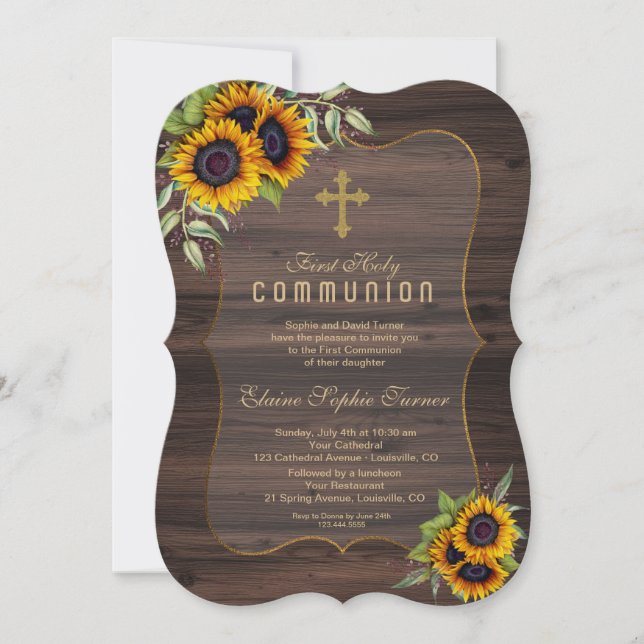 Watercolour Sunflowers Wood Holy Communion Invitation (Front)