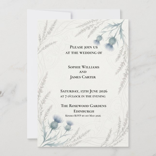 Watercolour Thistle Scottish Wedding Invitation (Front)