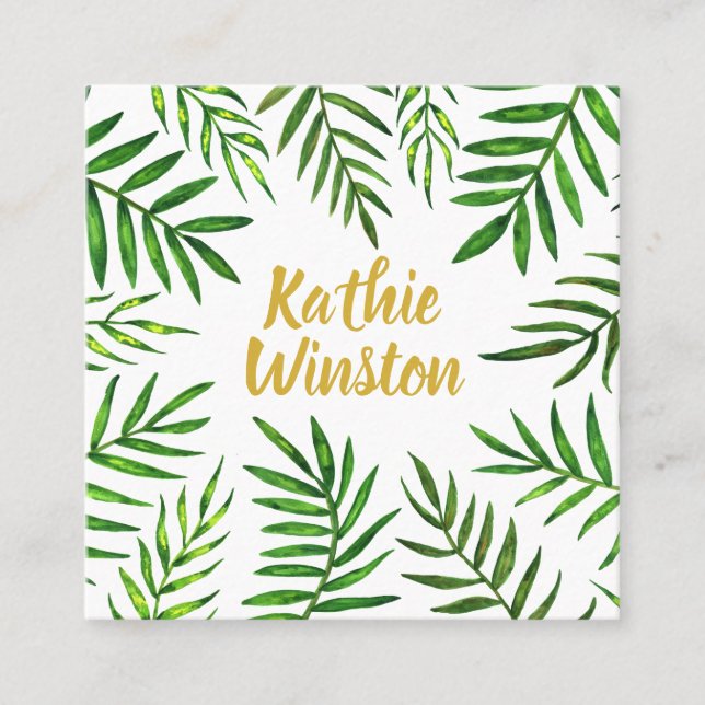 Watercolour tropical leaves plant greenery square business card (Front)