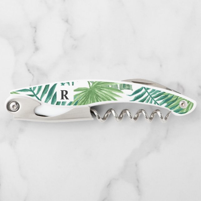 Watercolour Tropical Palm Greenery Monogram Corkscrew (Front)