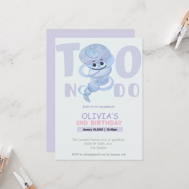 Watercolour Two nado 2nd birthday invitation  (Front/Back In Situ)