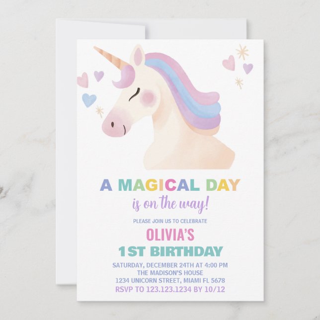 Watercolour Unicorn Birthday Invitations (Front)
