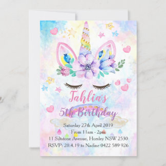Watercolour Unicorn Birthday Party Invitation Kids