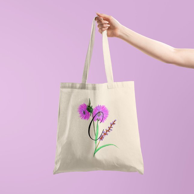 Watercolour violet flower with your initial 1 side tote bag (Creator Uploaded)
