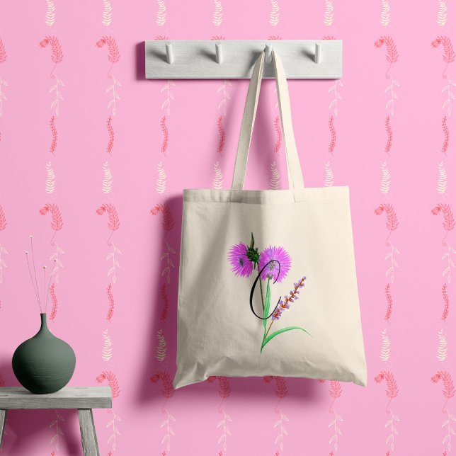 Watercolour violet flower with your initial.  tote bag (Creator Uploaded)