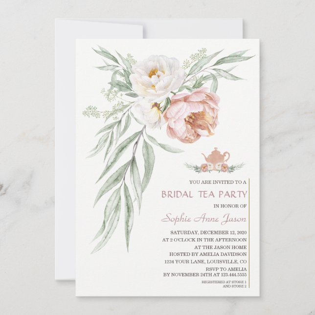 Watercolour White Dusty Rose Flowers Bridal Shower Invitation (Front)