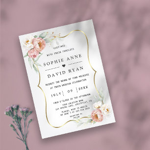 Watercolour White Dusty Rose Flowers Gold Wedding Invitation