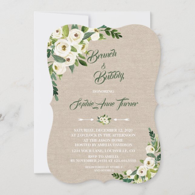 Watercolour White Floral Burlap Brunch & Bubbly Invitation (Front)
