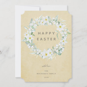 Watercolour White Floral Wreath Happy Easter Flat Holiday Card