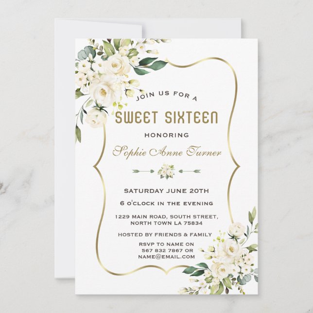 Watercolour White Flowers Gold Frame Sweet 16 Invitation (Front)