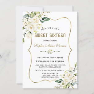 Watercolour White Flowers Gold Frame Sweet 16 Invitation