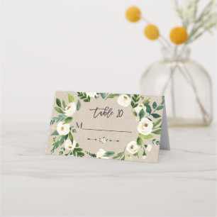 Watercolour White Flowers Linen Canvas Wedding Place Card