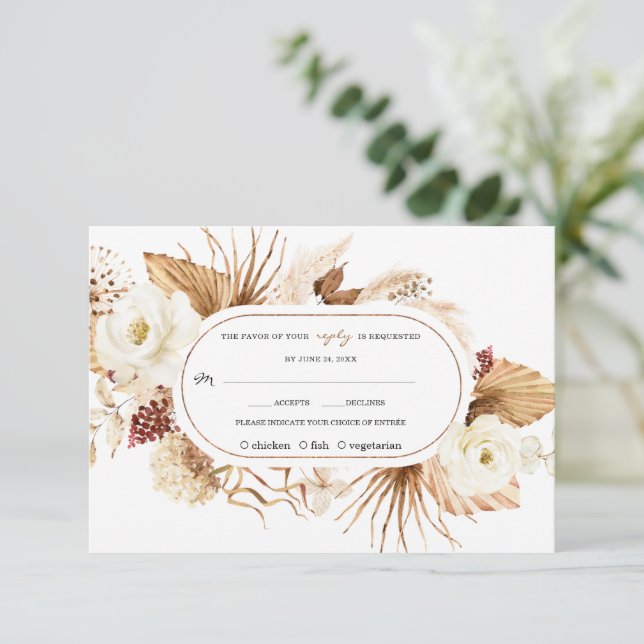 Watercolour White Flowers Pampas Grass Birthday  RSVP Card (Standing Front)