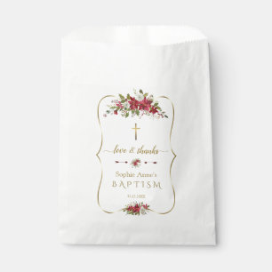 Watercolour White Red Poinsettia Gold Baptism Favour Bag