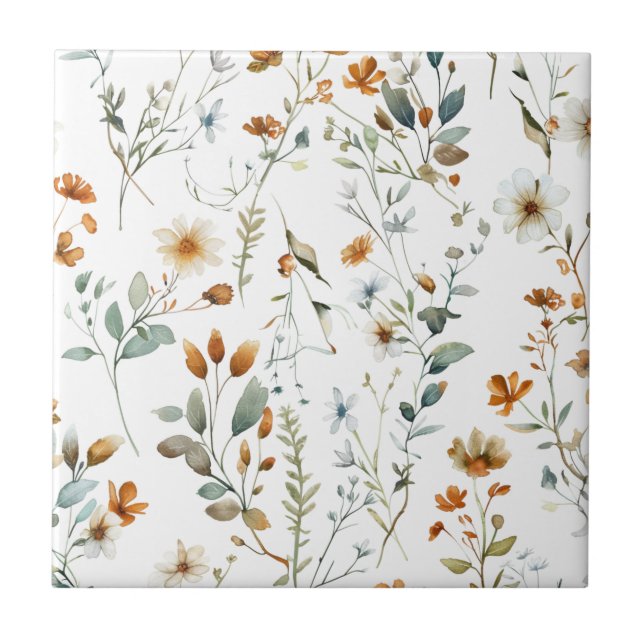  Watercolour wild flower Boho style Ceramic Tile (Front)