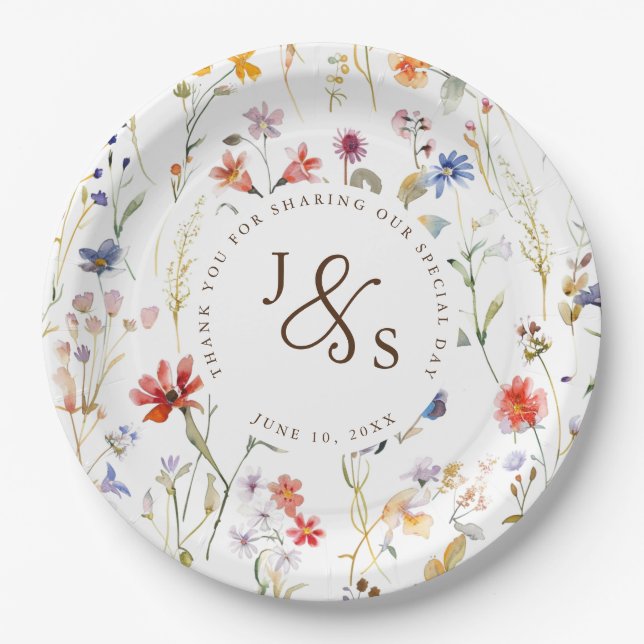  Watercolour wild flower Boho style engagement Paper Plate (Front)