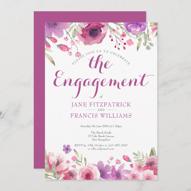 Watercolour Wild Rose Floral Engagement Party Invitation (Front/Back)