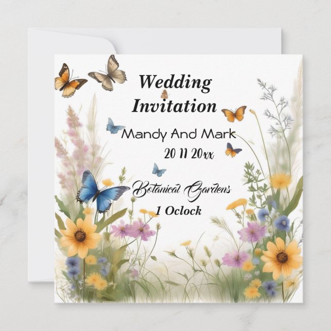 Watercolour Wildflowers And Butterflies, Wedding Invitation (Front)