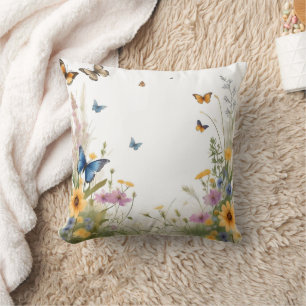 Watercolour Wildflowers Grasses And Butterflies, Cushion
