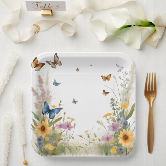 Watercolour Wildflowers Grasses And Butterflies, Paper Plate (Wedding)