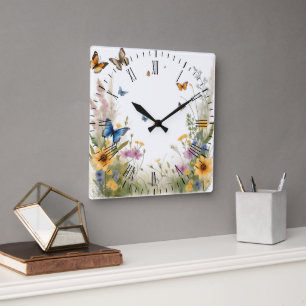 Watercolour Wildflowers Grasses And Butterflies, Square Wall Clock