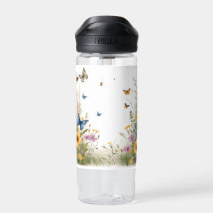 Watercolour Wildflowers Grasses And Butterflies, Water Bottle