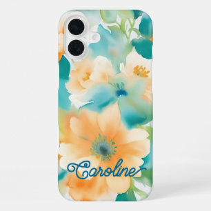 Watercolour wildflowers orange teal iPhone 16 plus case