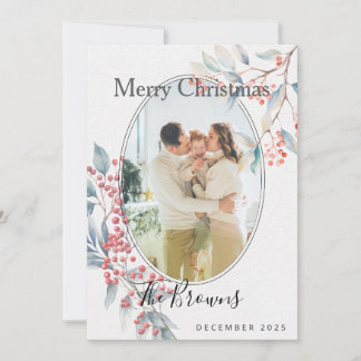 Watercolour Winter Berries Photo Christmas Card