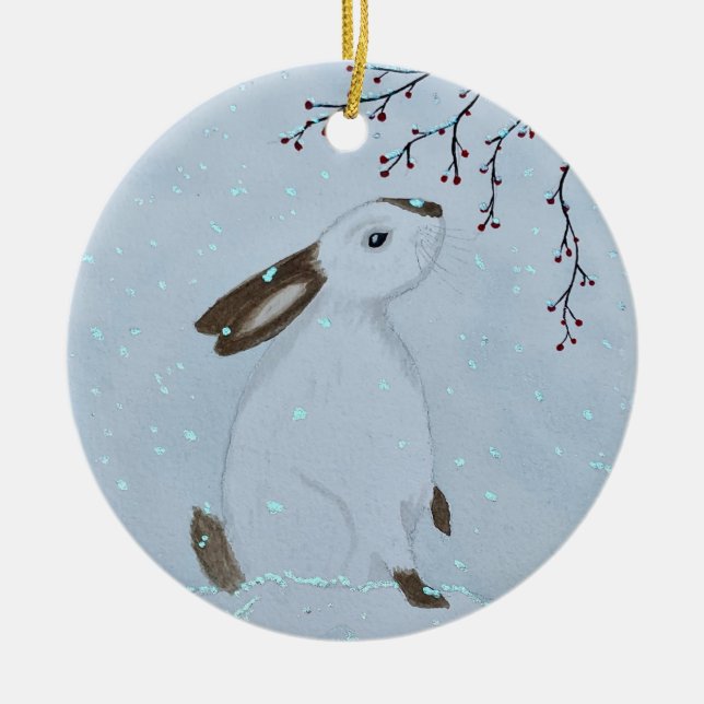 Watercolour Winter Bunny Rabbit Ceramic Ornament (Front)