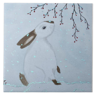 Watercolour Winter Bunny Rabbit Ceramic Tile