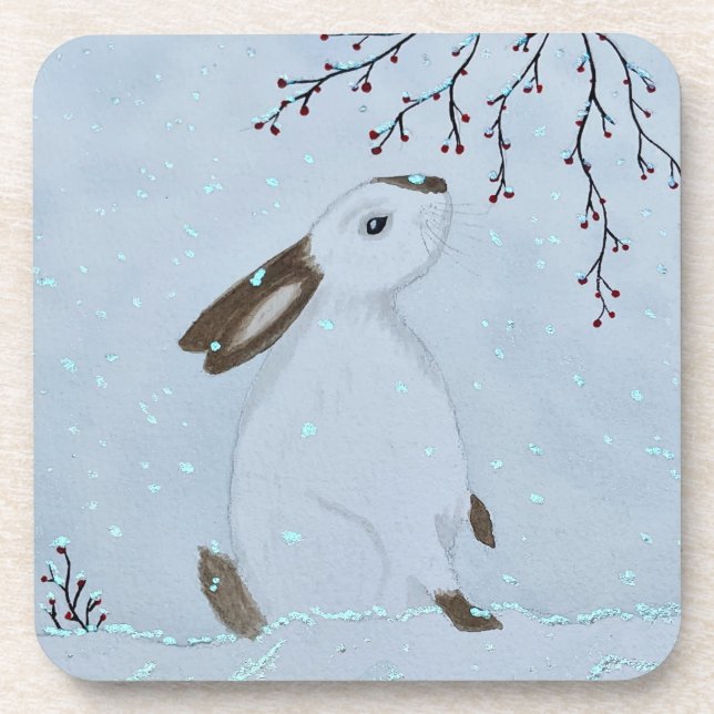 Watercolour Winter Bunny Rabbit Coaster (Front)