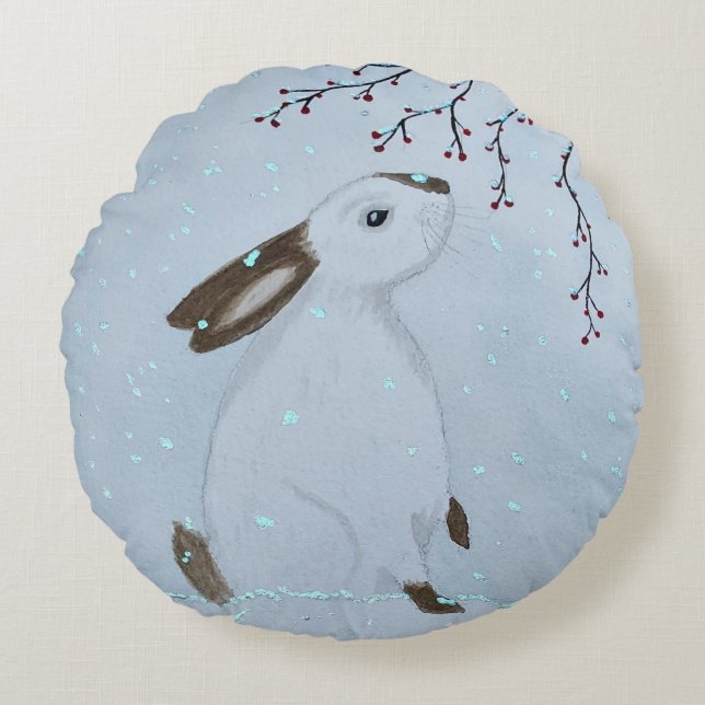 Watercolour Winter Bunny Rabbit Round Cushion (Front)