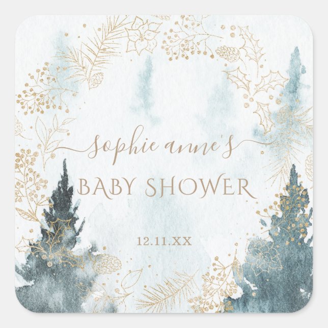 Watercolour Winter Scenery Gold Baby Shower Square Sticker (Front)