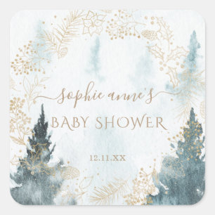 Watercolour Winter Scenery Gold Baby Shower Square Sticker