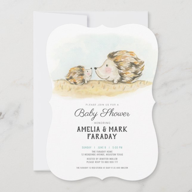 watercolour woodland hedgehog baby shower invitation (Front)