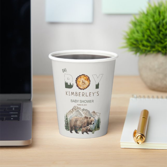 Watercolour Woodland  Oh Boy Bear Baby Shower Paper Cups (Insitu)