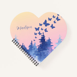 Watercolour Yellow Blue Ombre Butterflies Forest C Notebook