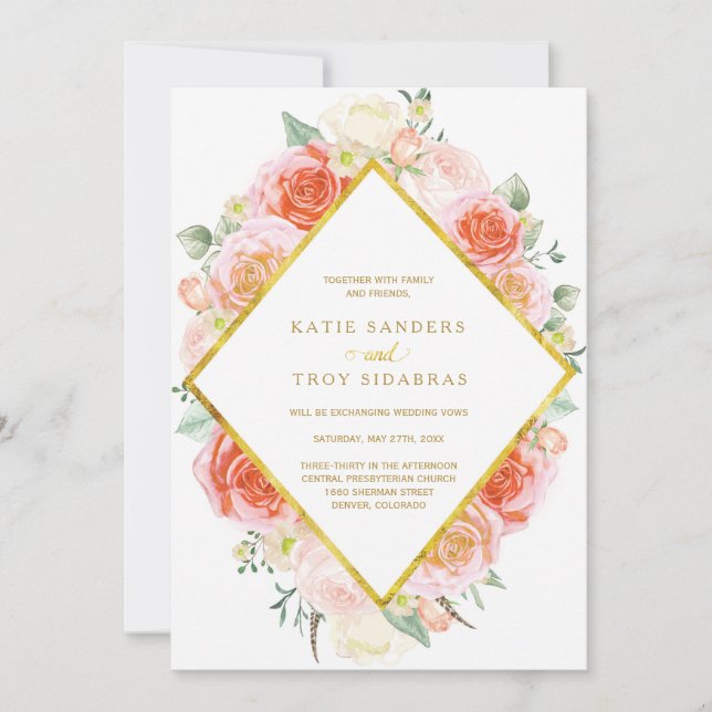 Watercolours Coral, Peach and Pink Roses on Gold Invitation (Front)