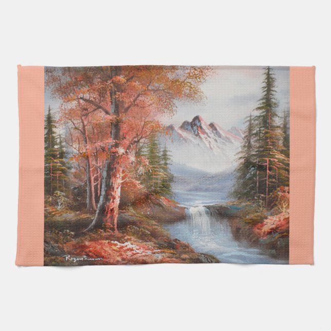 Waterfall and mountains landscape tea towel (Horizontal)