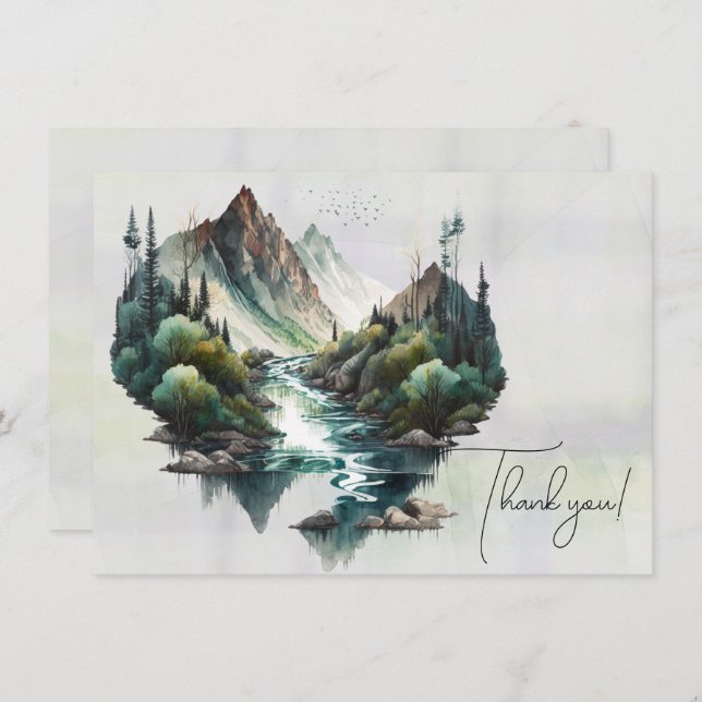 Waterfall and Mountains Watercolor Painting Thank You Card (Front/Back)