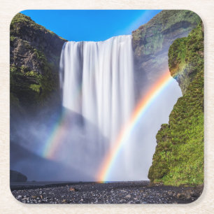Waterfall and rainbow square paper coaster