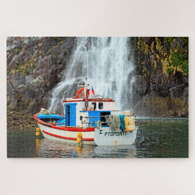 Waterfall & boat 1014-pc jigsaw puzzle (Horizontal)