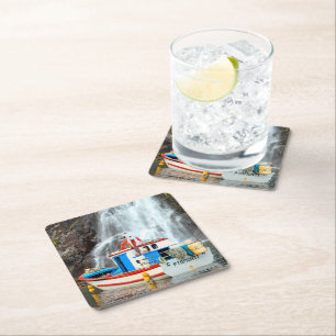 Waterfall & boat square paper coaster