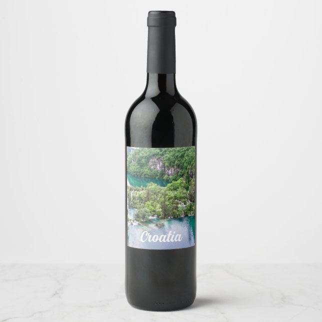 Waterfall cascade in Plitvice Lakes Park, Croatia Wine Label (Front)
