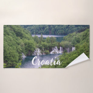 Waterfall cascade with green forest in Croatia Bath Towel