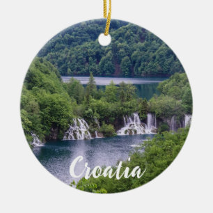 Waterfall cascade with green forest in Croatia Ceramic Ornament