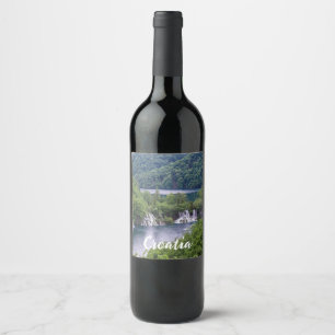 Waterfall cascade with green forest in Croatia Wine Label