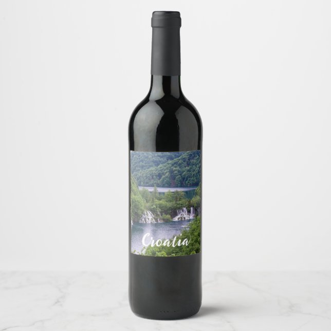 Waterfall cascade with green forest in Croatia Wine Label (Front)
